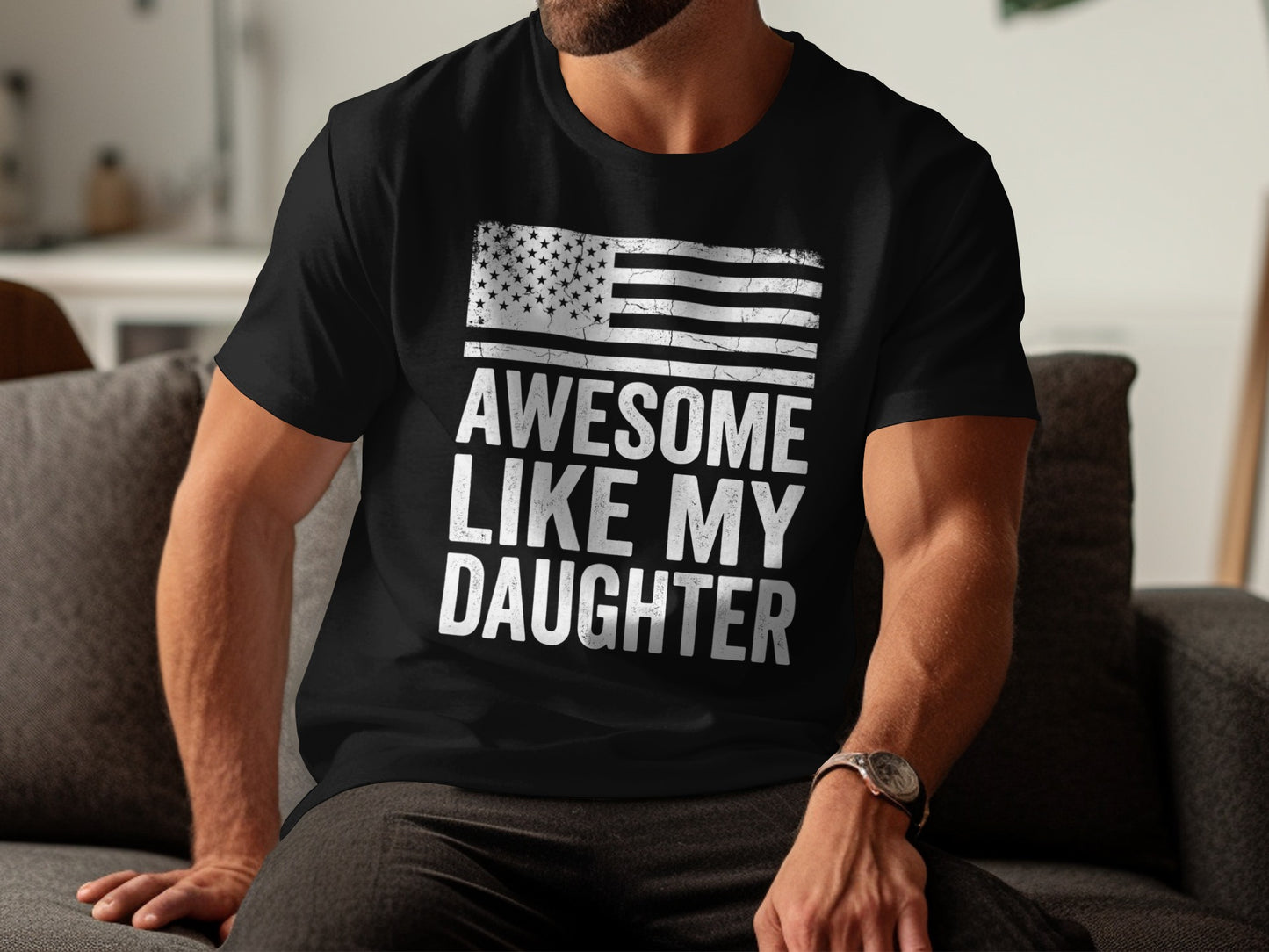 Black t-shirt with American flag and text "AWESOME LIKE MY DAUGHTER".