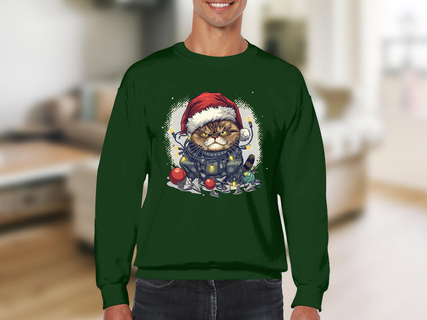 Grumpy Cat Santa with Holiday Lights Sweatshirt