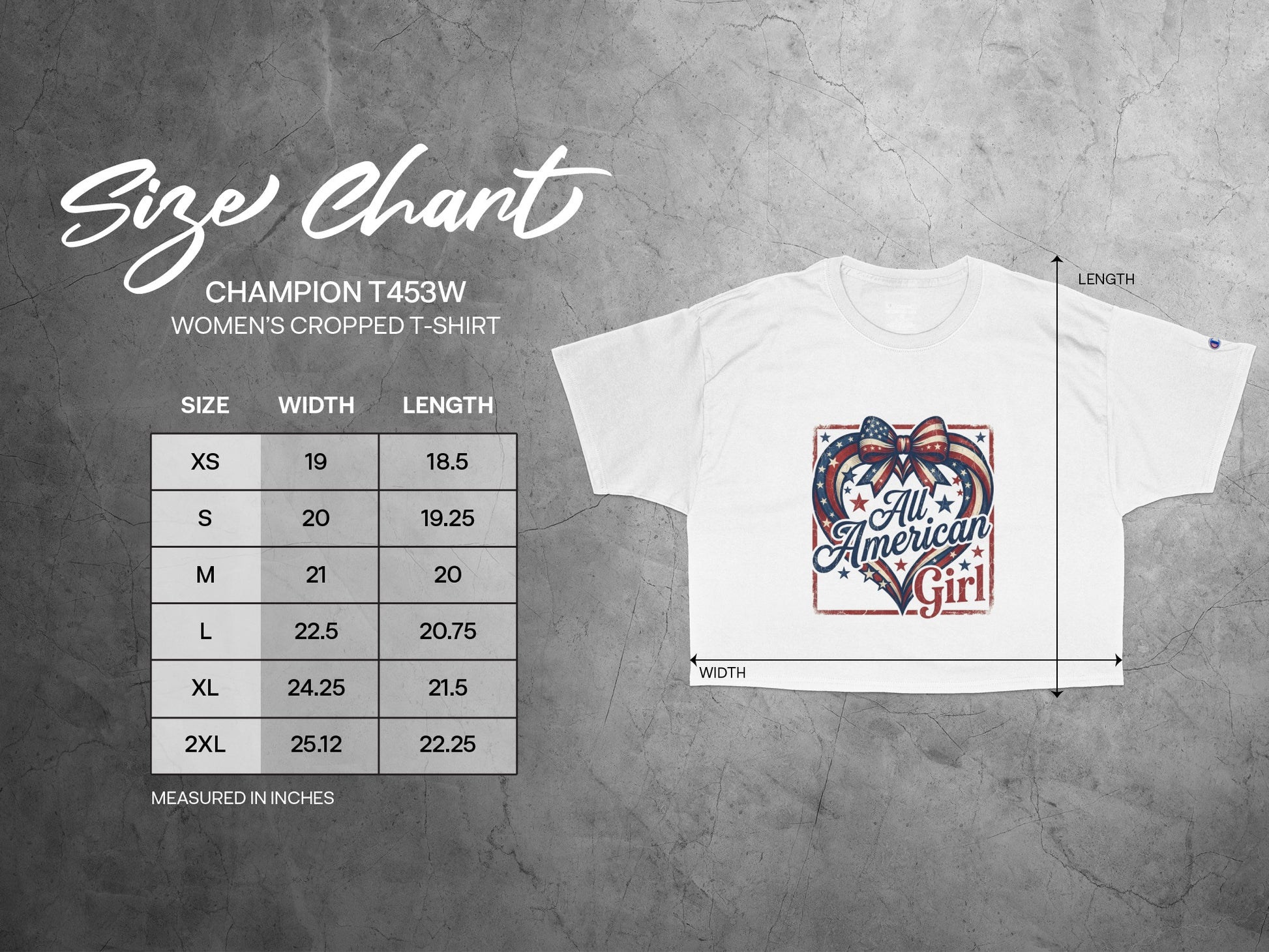 Champion T453W women's cropped t-shirt size chart with width and length measurements.