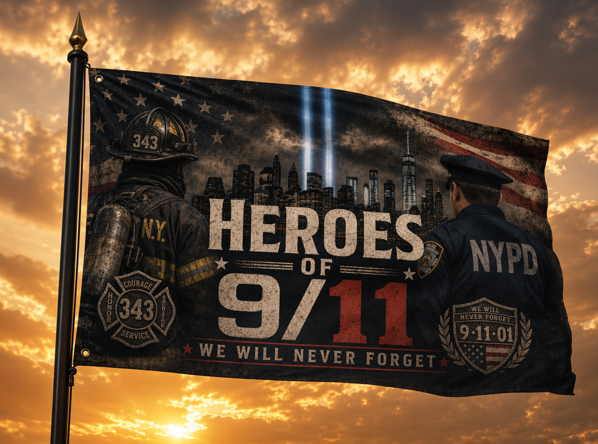 NYC Resilient 9/11 flag on flagpole against sunset sky