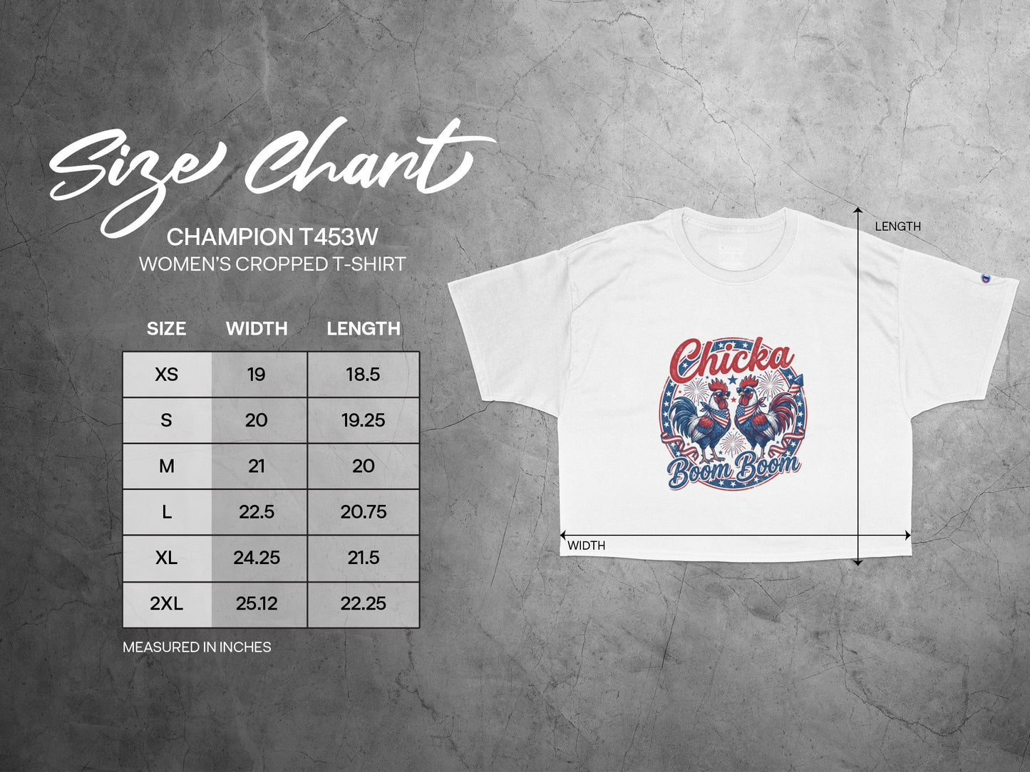 Champion T453W women's cropped t-shirt size chart with width and length measurements.