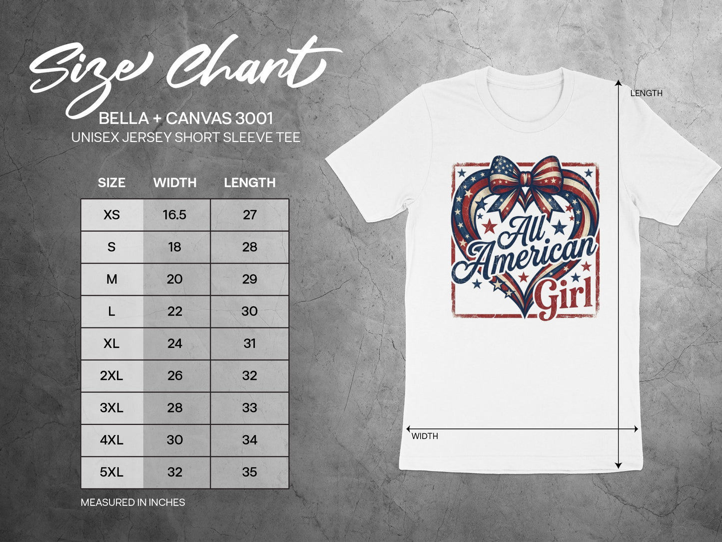 Unisex Bella + Canvas 3001 t-shirt size chart with graphic.