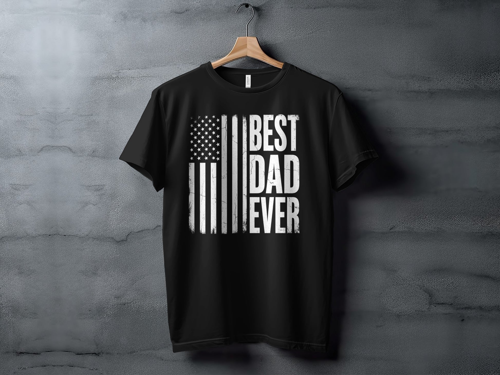 Black t-shirt with distressed American flag and "BEST DAD EVER" text.