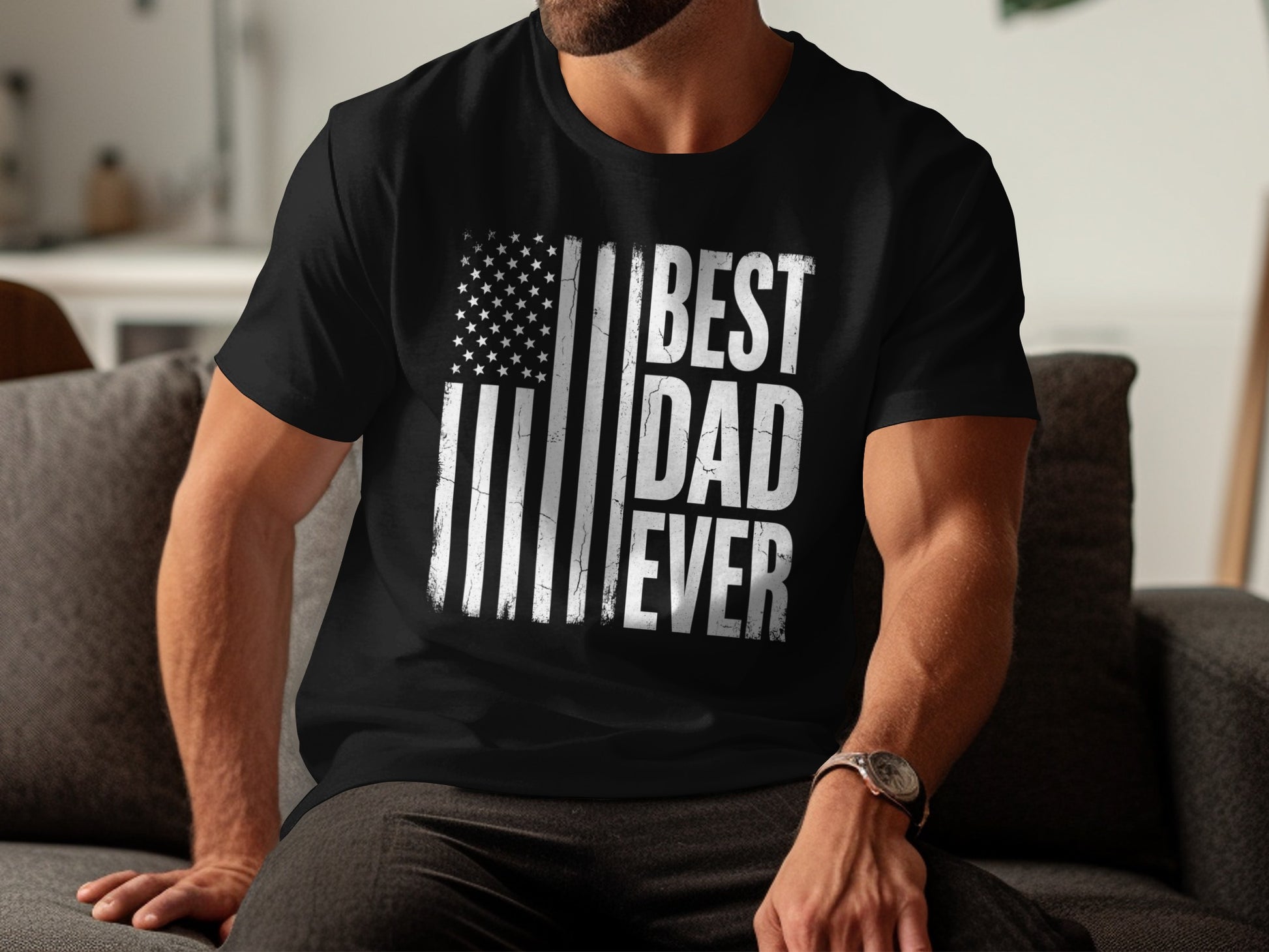 Black t-shirt with distressed American flag and "BEST DAD EVER" text.