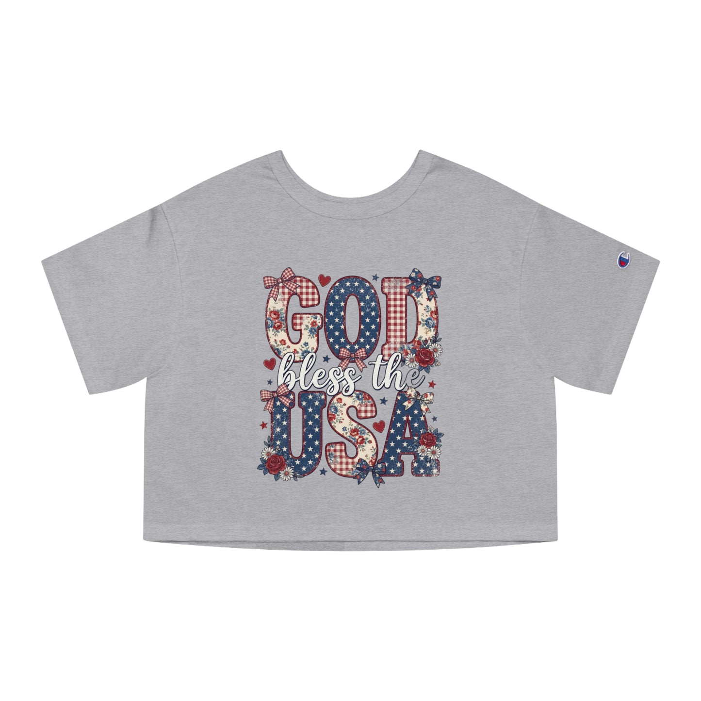 Grey t-shirt with "GOD bless the USA" text and patriotic floral and gingham patterns.