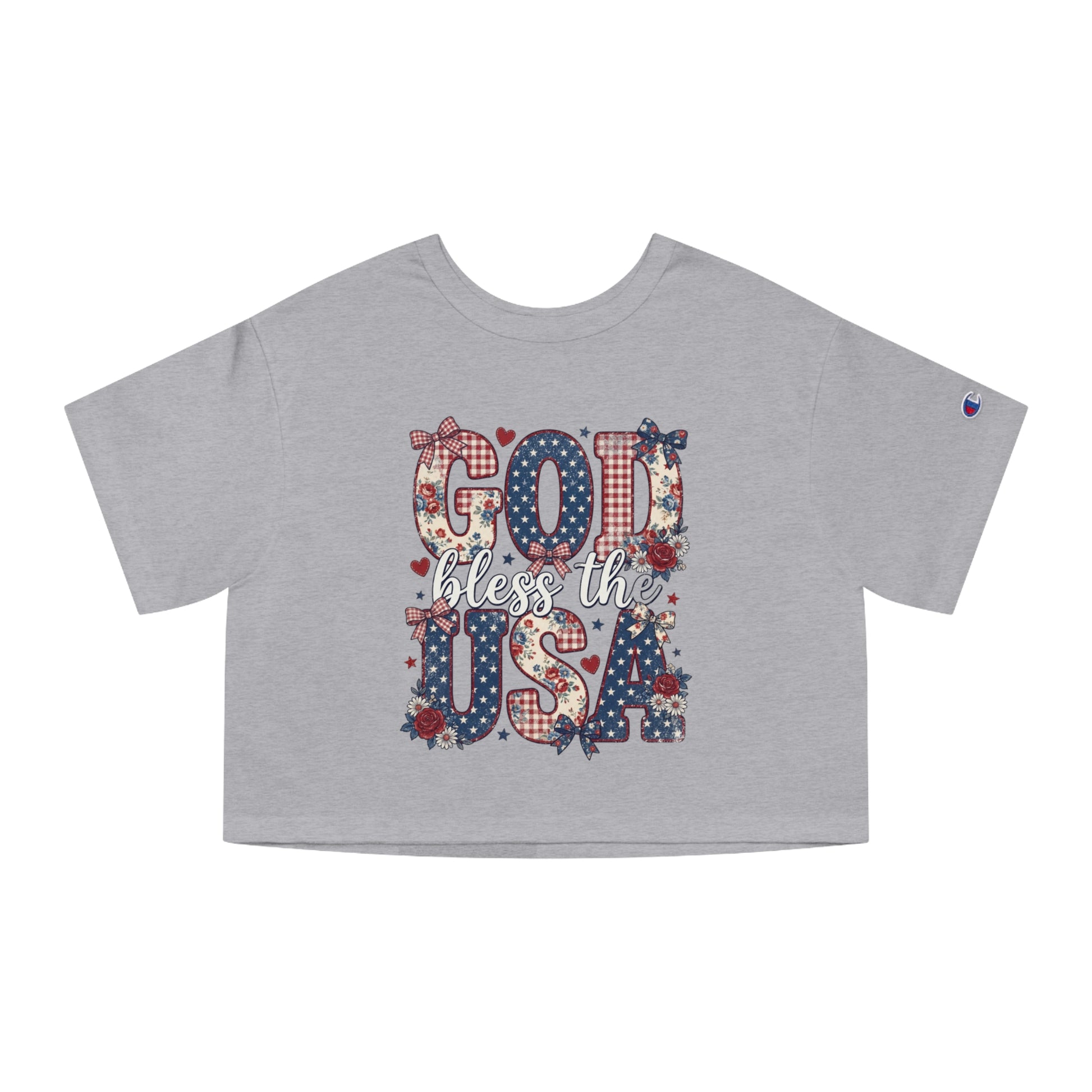 Grey t-shirt with "GOD bless the USA" text and patriotic floral and gingham patterns.