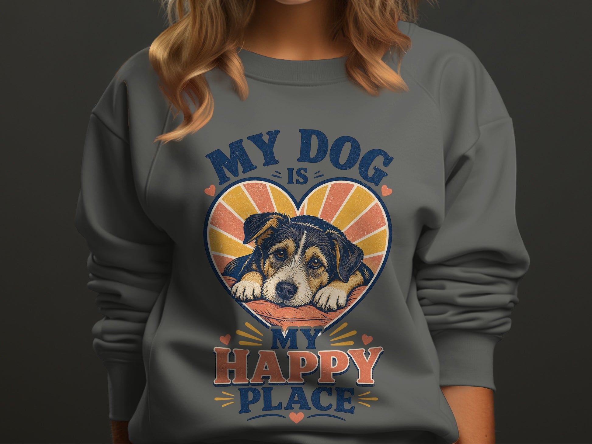 Grey sweatshirt with "My Dog Is My Happy Place" text and dog graphic.