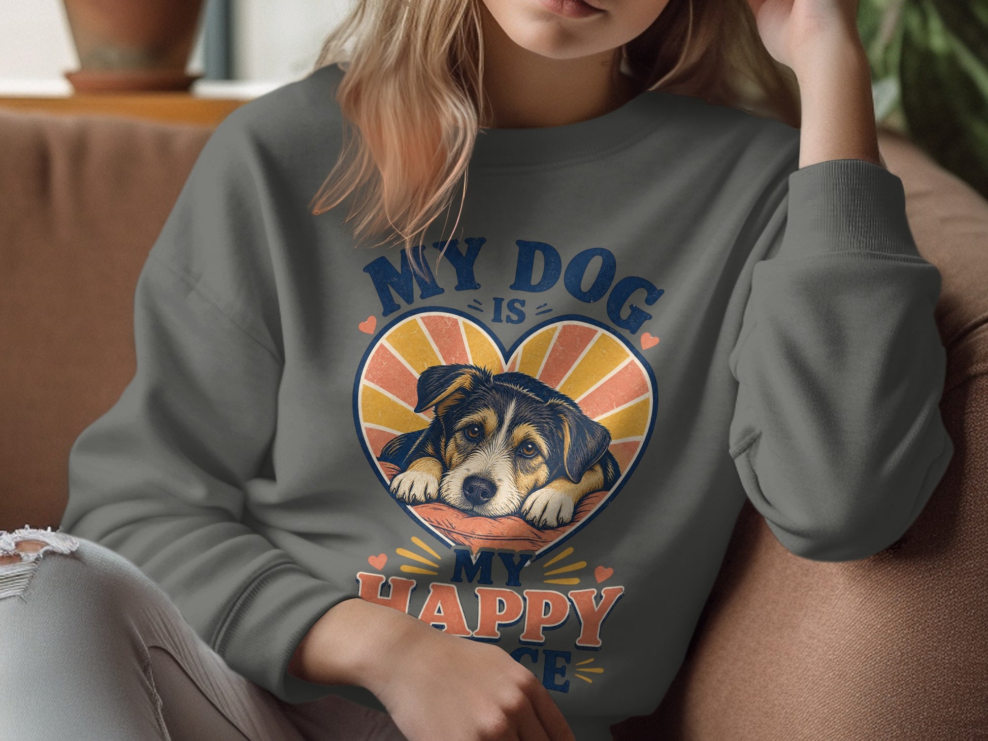 Dark gray sweatshirt with dog in heart graphic and text "My Dog Is My Happy Place".