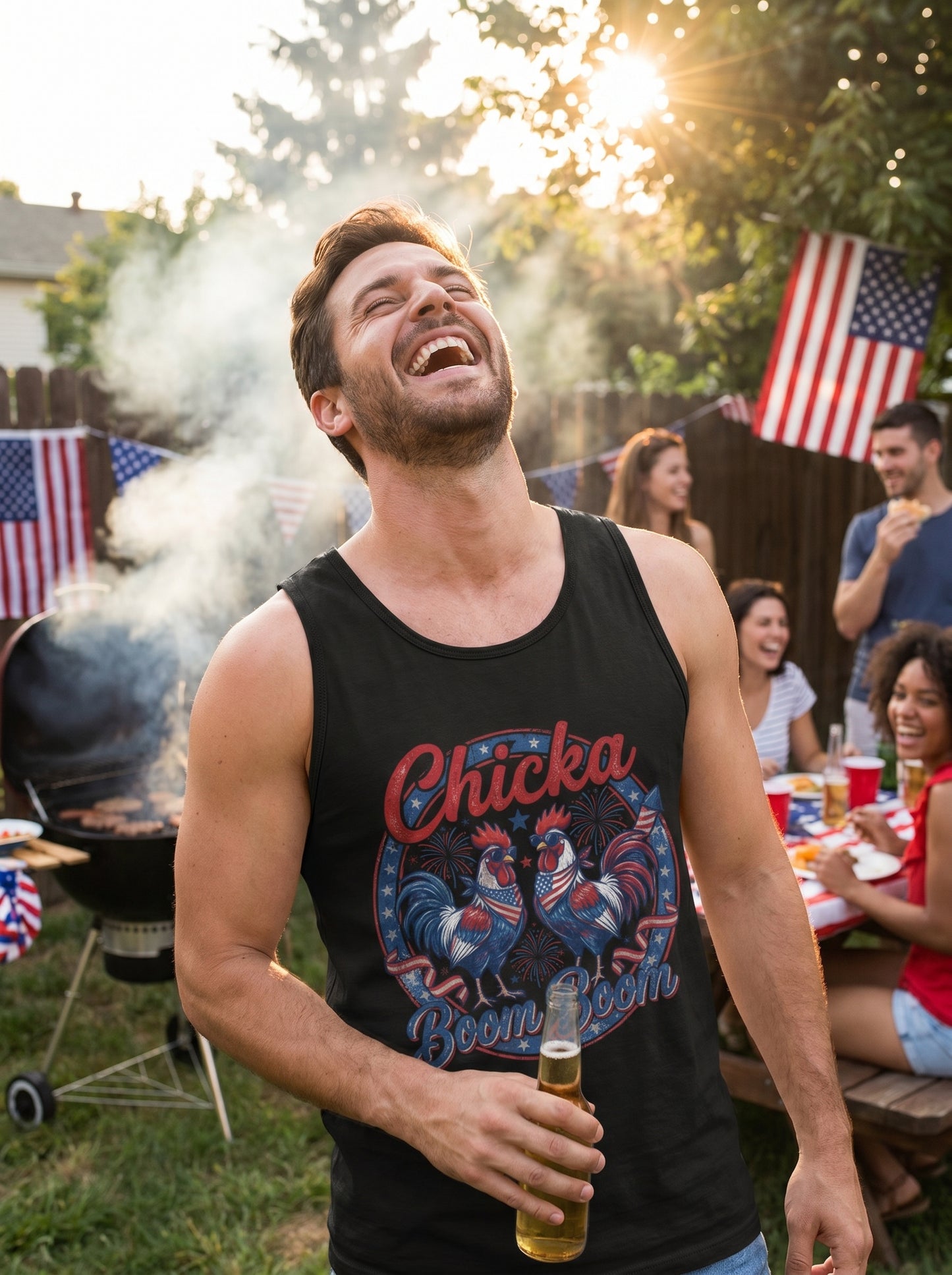 Lifestyle photo of man wearing Chicka Boom Boom Patriotic Rooster Tank Top