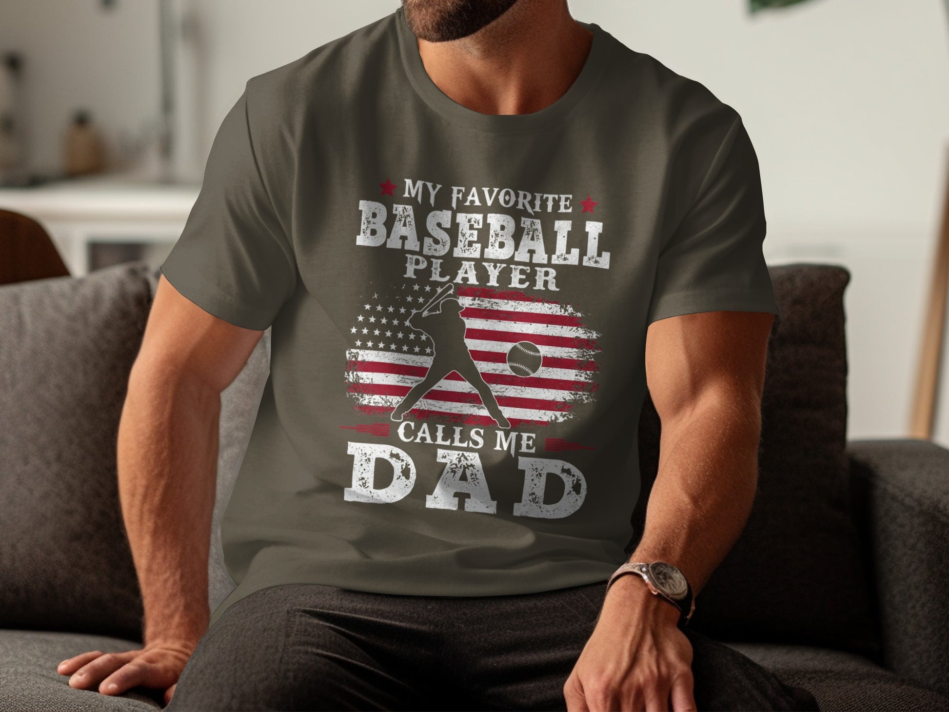 T-shirt with "My Favorite Baseball Player Calls Me Dad" and American flag graphic.