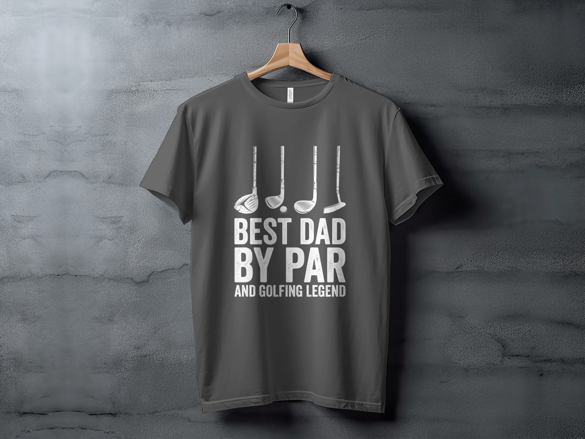 Dark grey t-shirt with "BEST DAD BY PAR AND GOLFING LEGEND" text and golf clubs.