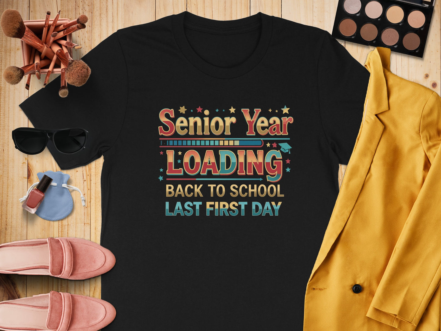 Black t-shirt with "Senior Year Loading" and school-themed graphics.