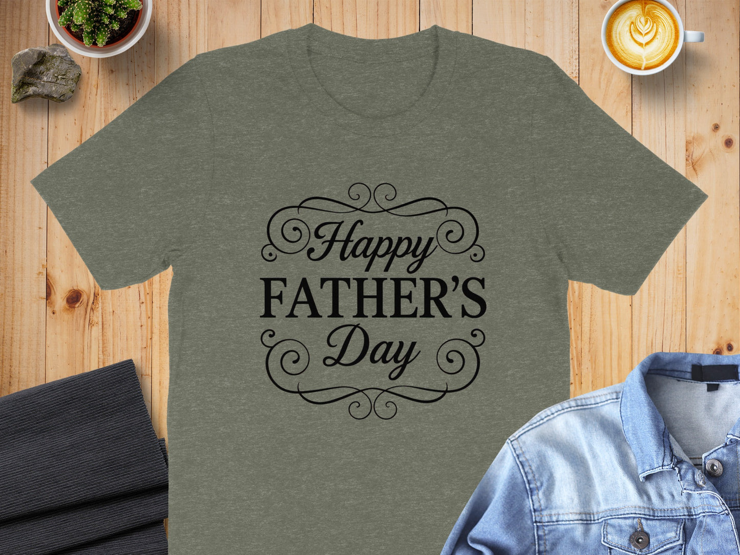 Heather grey t-shirt with "Happy Father's Day" text in black ornate font.