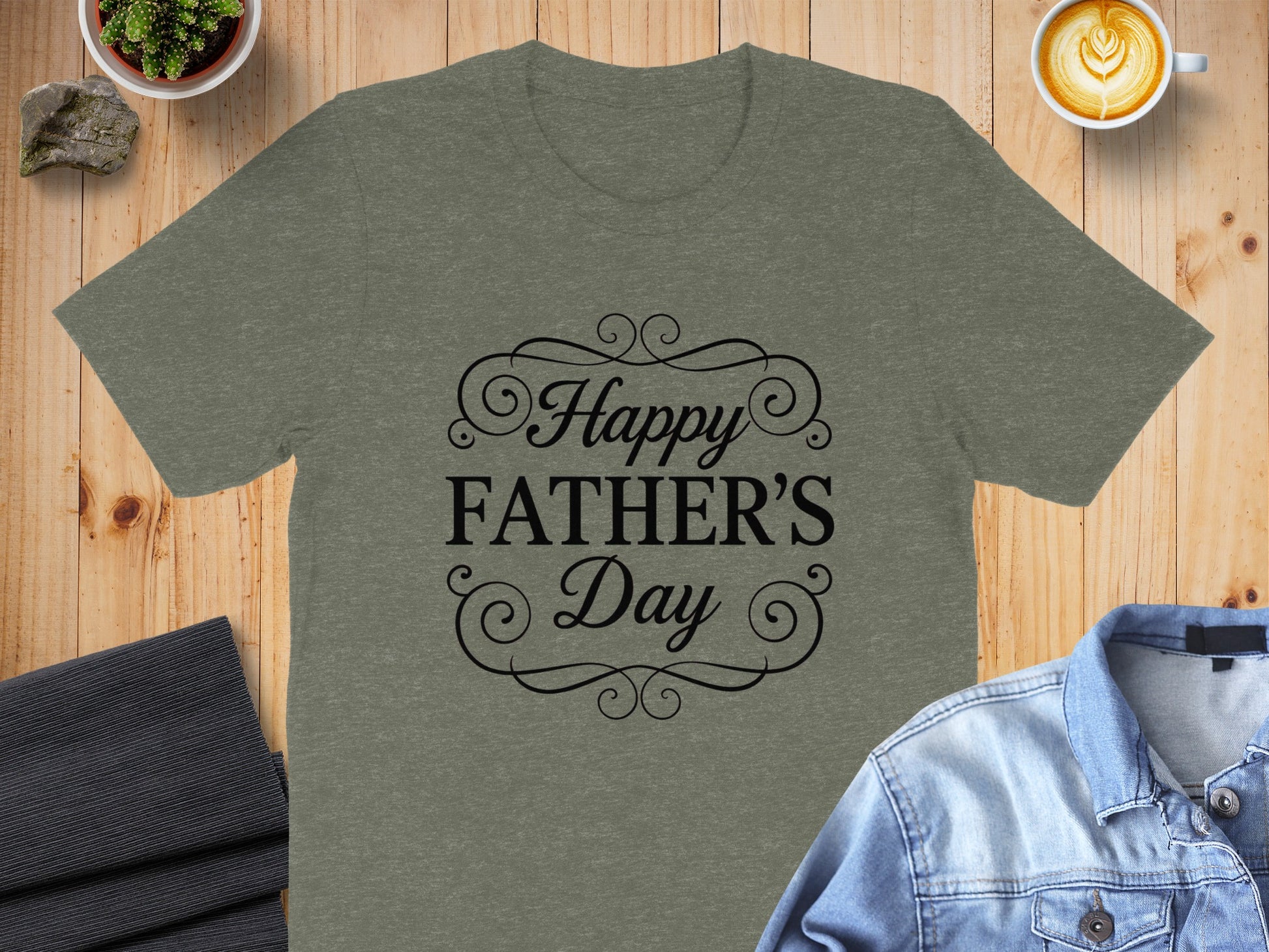 Heather grey t-shirt with "Happy Father's Day" text in black ornate font.