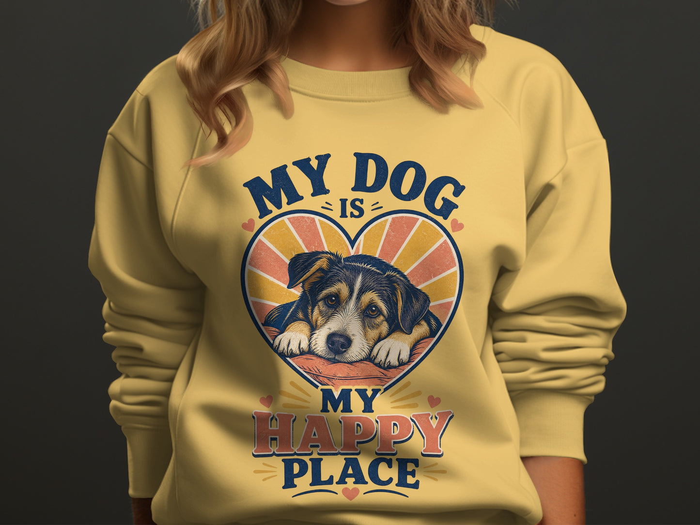 Yellow sweatshirt with "My Dog Is My Happy Place" and a dog in a heart graphic.