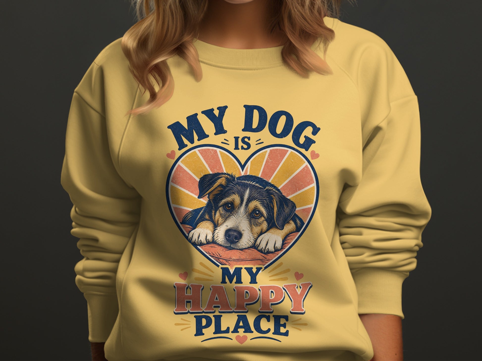 Yellow sweatshirt with "My Dog Is My Happy Place" and a dog in a heart graphic.