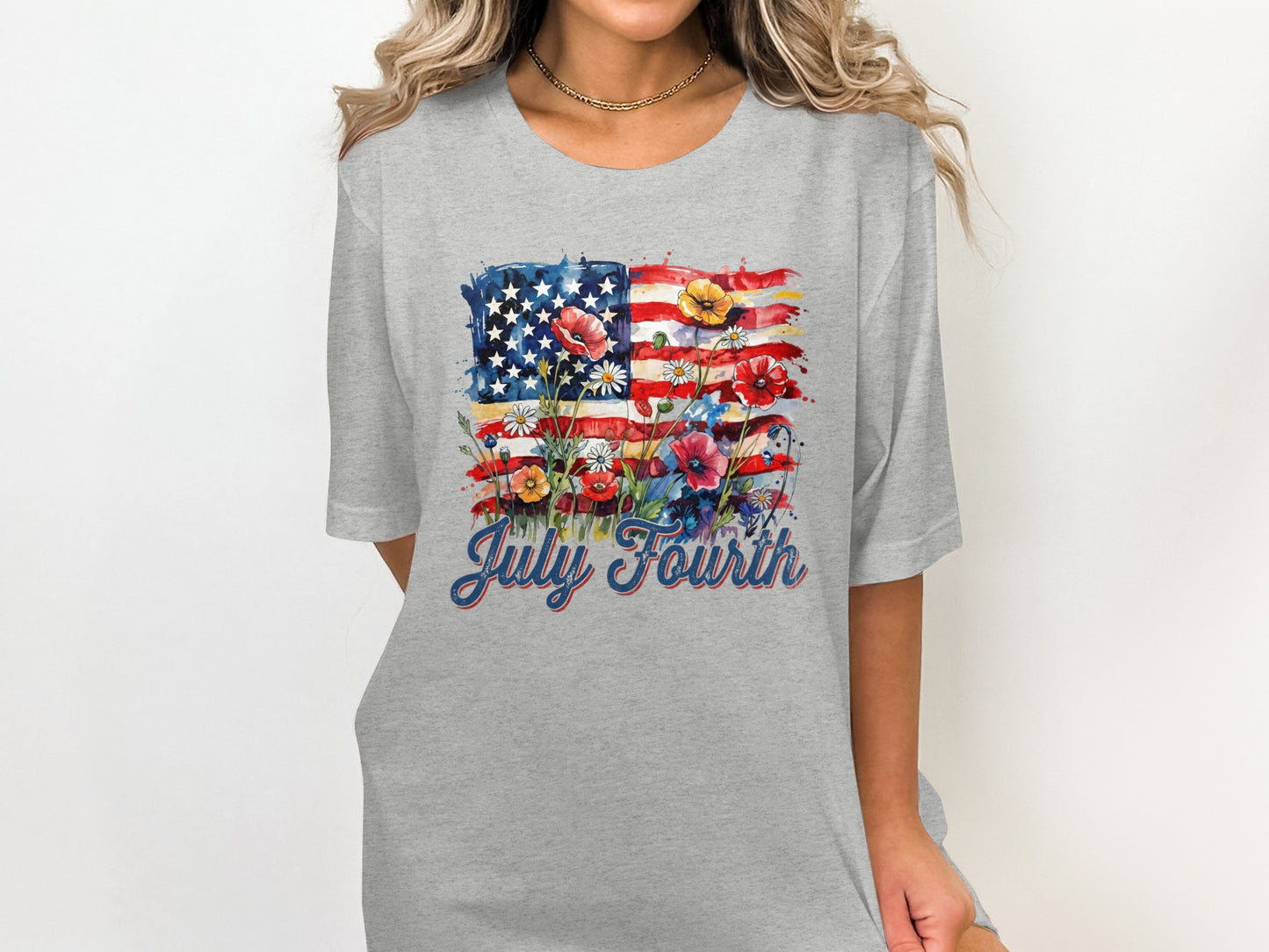 Gray t-shirt with distressed American flag and "July Fourth" text.