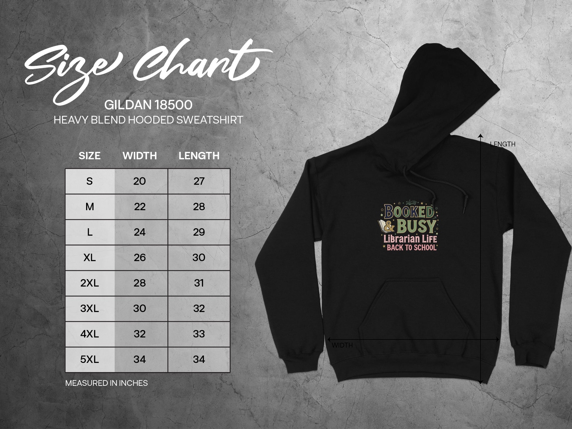 GILDAN 18500 hoodie size chart with width and length measurements in inches.