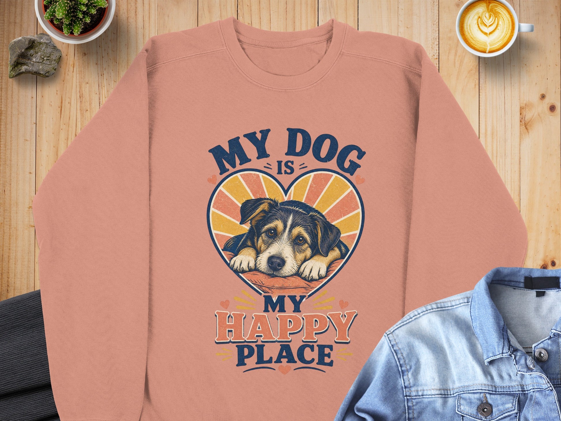 Pink sweatshirt with "My Dog Is My Happy Place" text and dog graphic.