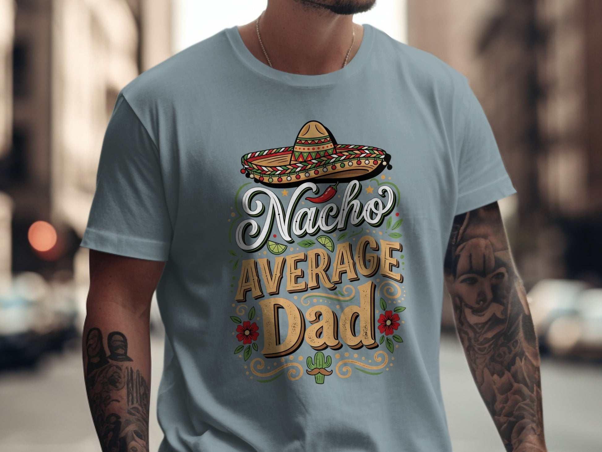 Nacho Average Dad graphic on a t-shirt with sombrero and cactus.