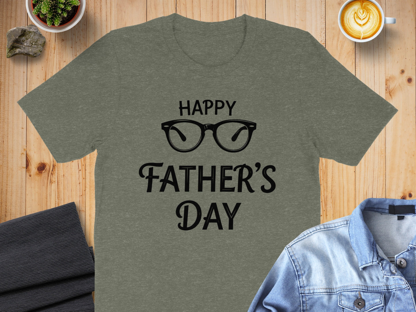 Grey t-shirt with "Happy Father's Day" text and glasses graphic.