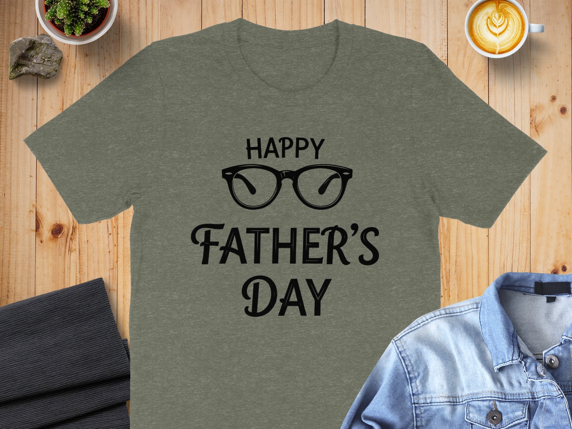 Grey t-shirt with "Happy Father's Day" text and glasses graphic.