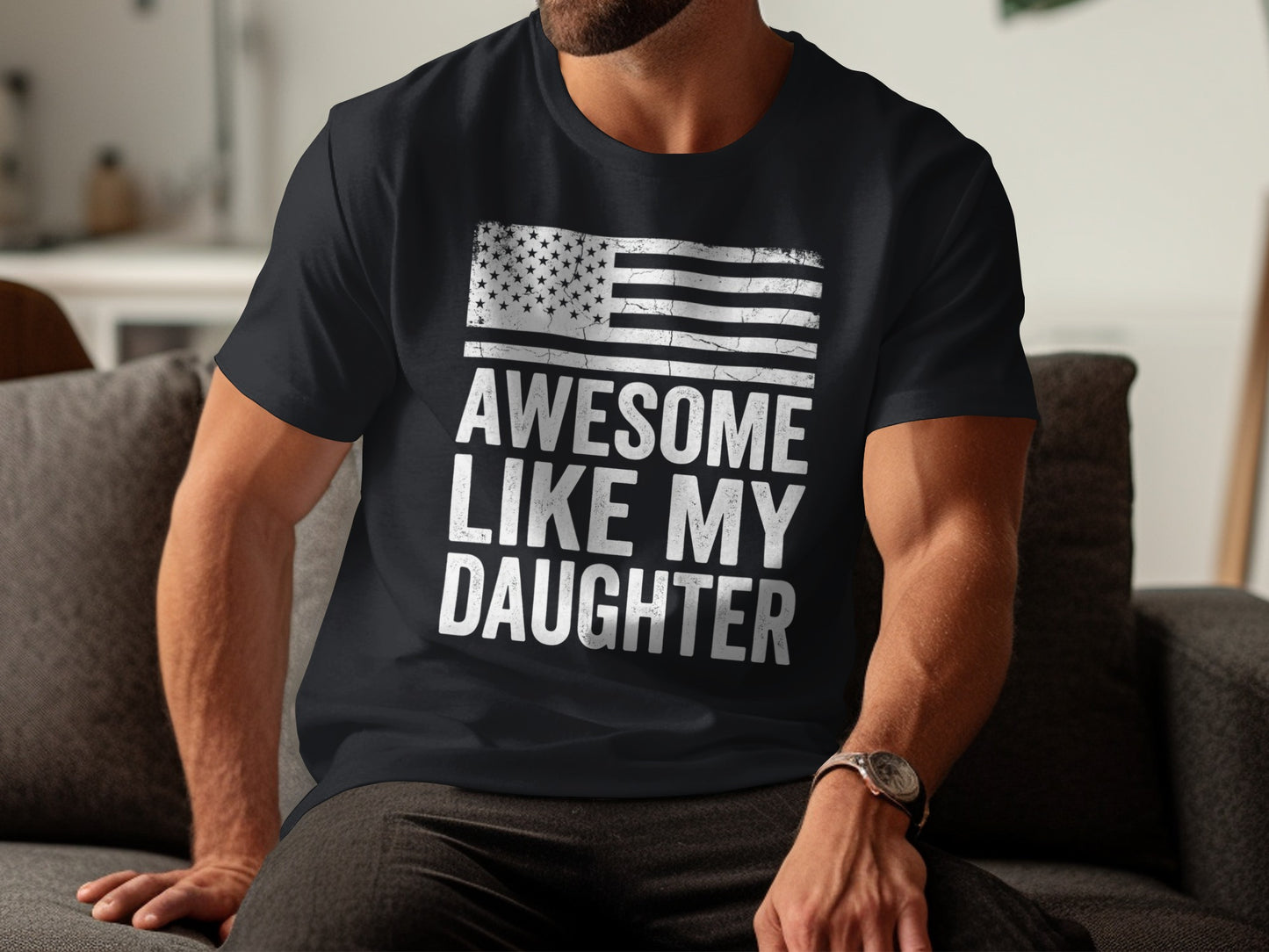 Black t-shirt with American flag and "Awesome Like My Daughter" text.