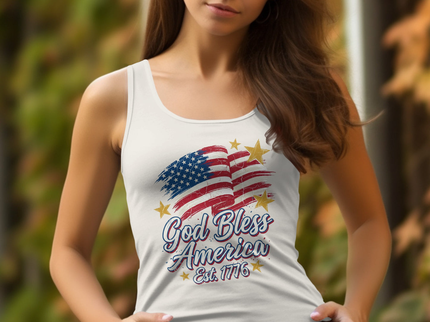 White tank top with distressed American flag and "God Bless America Est. 1776" text.