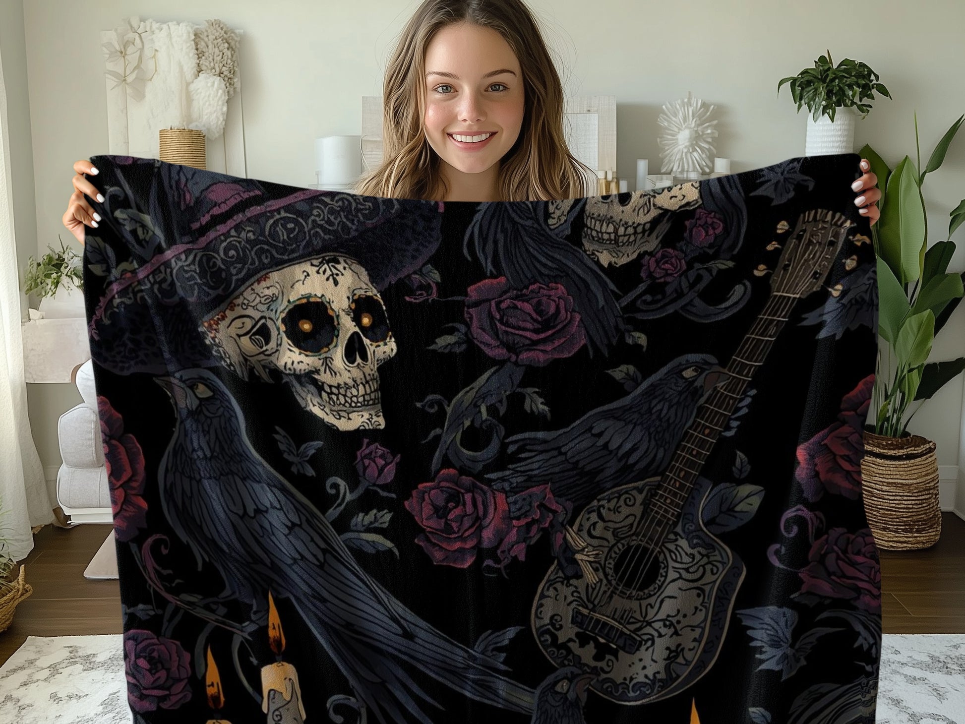 Gothic Skull and Roses Print Cozy Blanket product