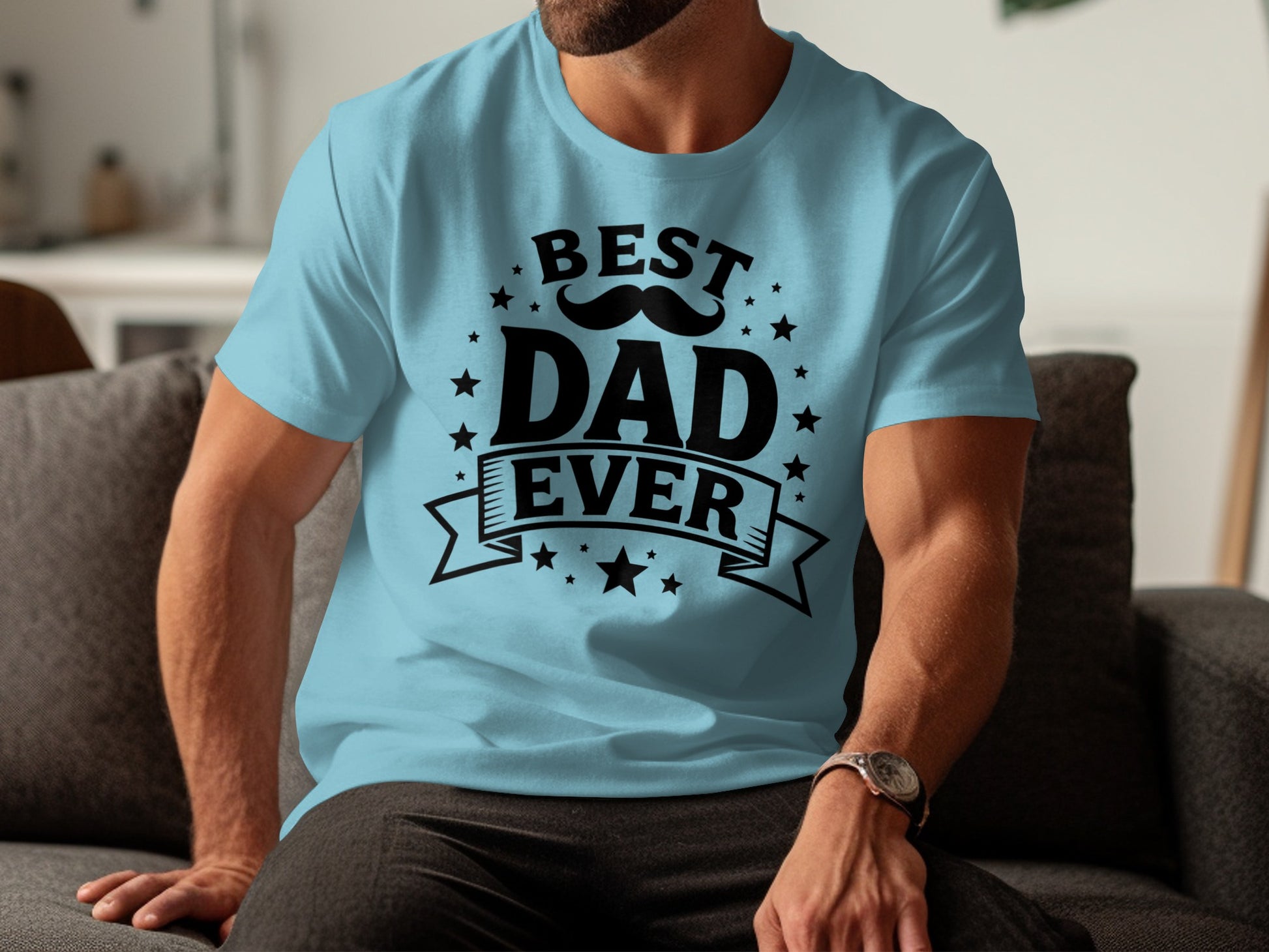 Light blue t-shirt with "Best Dad Ever" text, mustache, and stars.