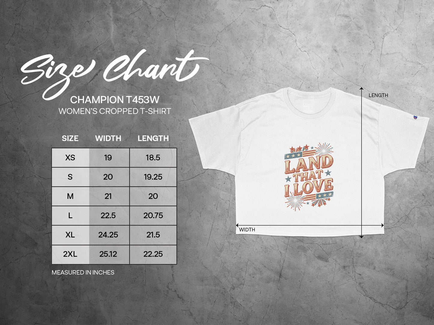 Size chart for Champion T453W women's cropped t-shirt with chest width and length.