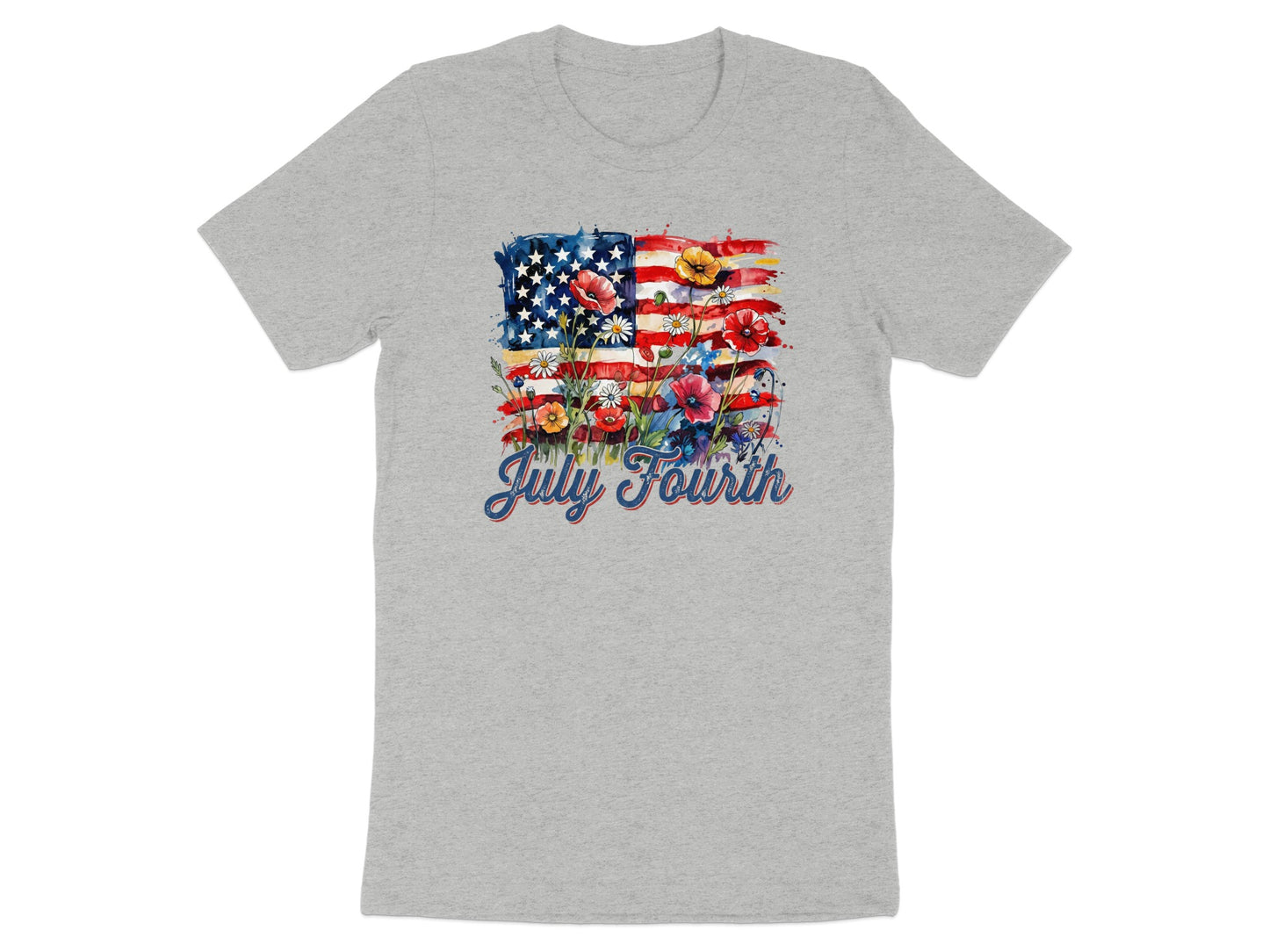 Grey t-shirt with American flag and floral design, "July Fourth" text.