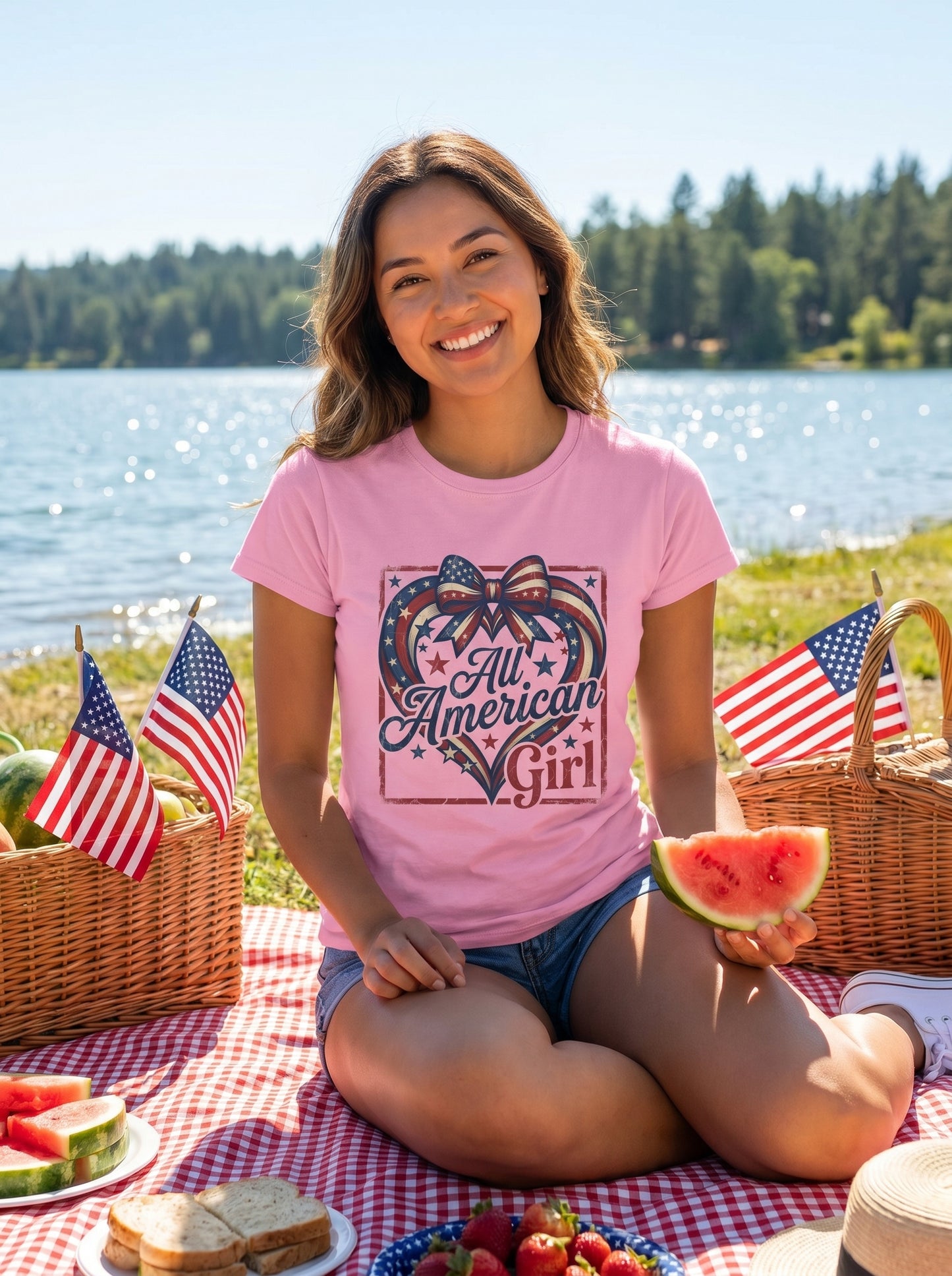Lifestyle photo of woman wearing All American Girl Vintage Heart T-Shirt