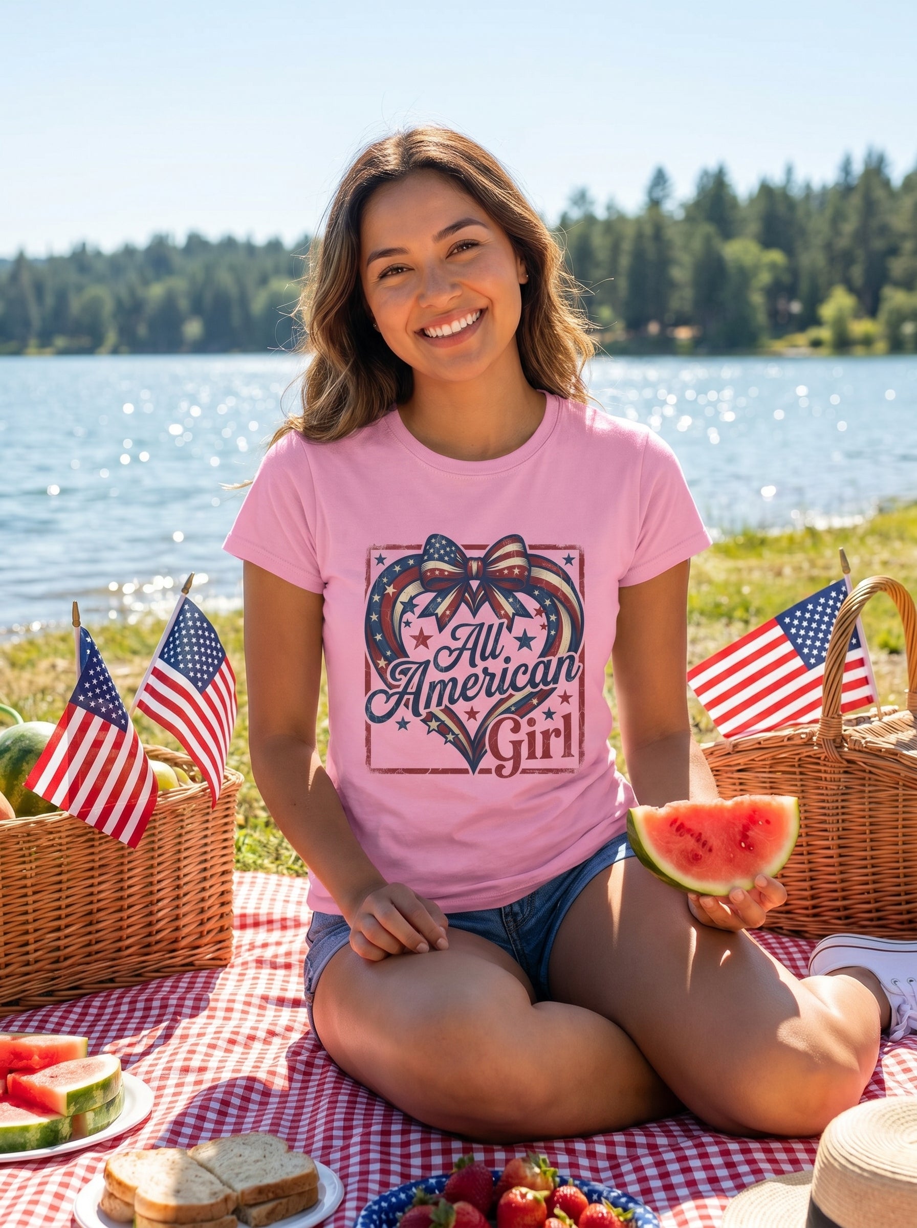Lifestyle photo of woman wearing All American Girl Vintage Heart T-Shirt
