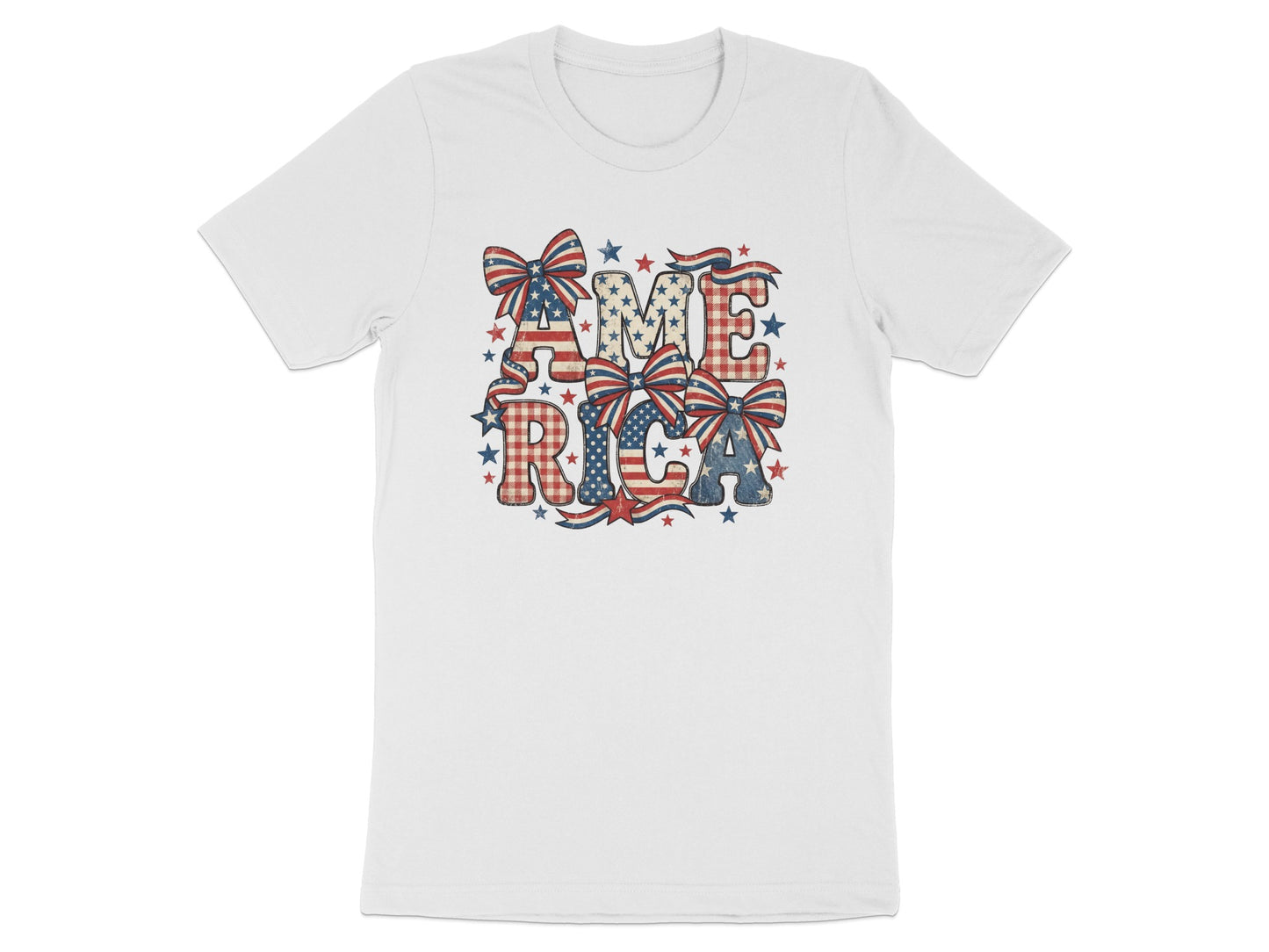 White t-shirt with "AMERICA" in patriotic bow and star design.