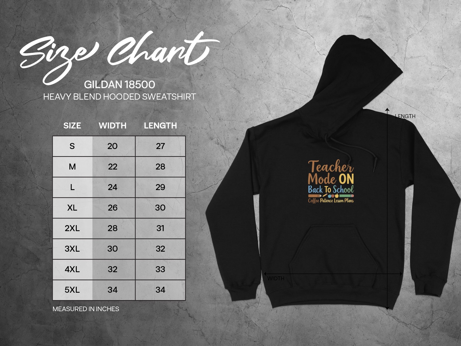 Gildan 18500 size chart for heavy blend hooded sweatshirts, measured in inches.
