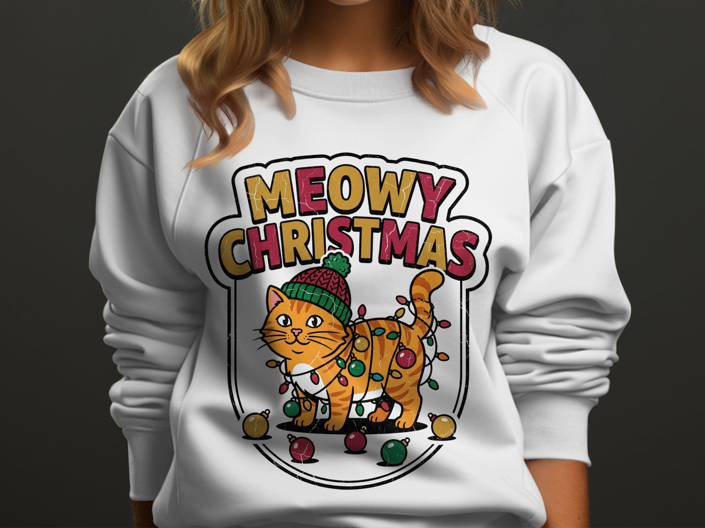 Orange tabby cat wearing a Christmas hat tangled in festive lights and ornaments.