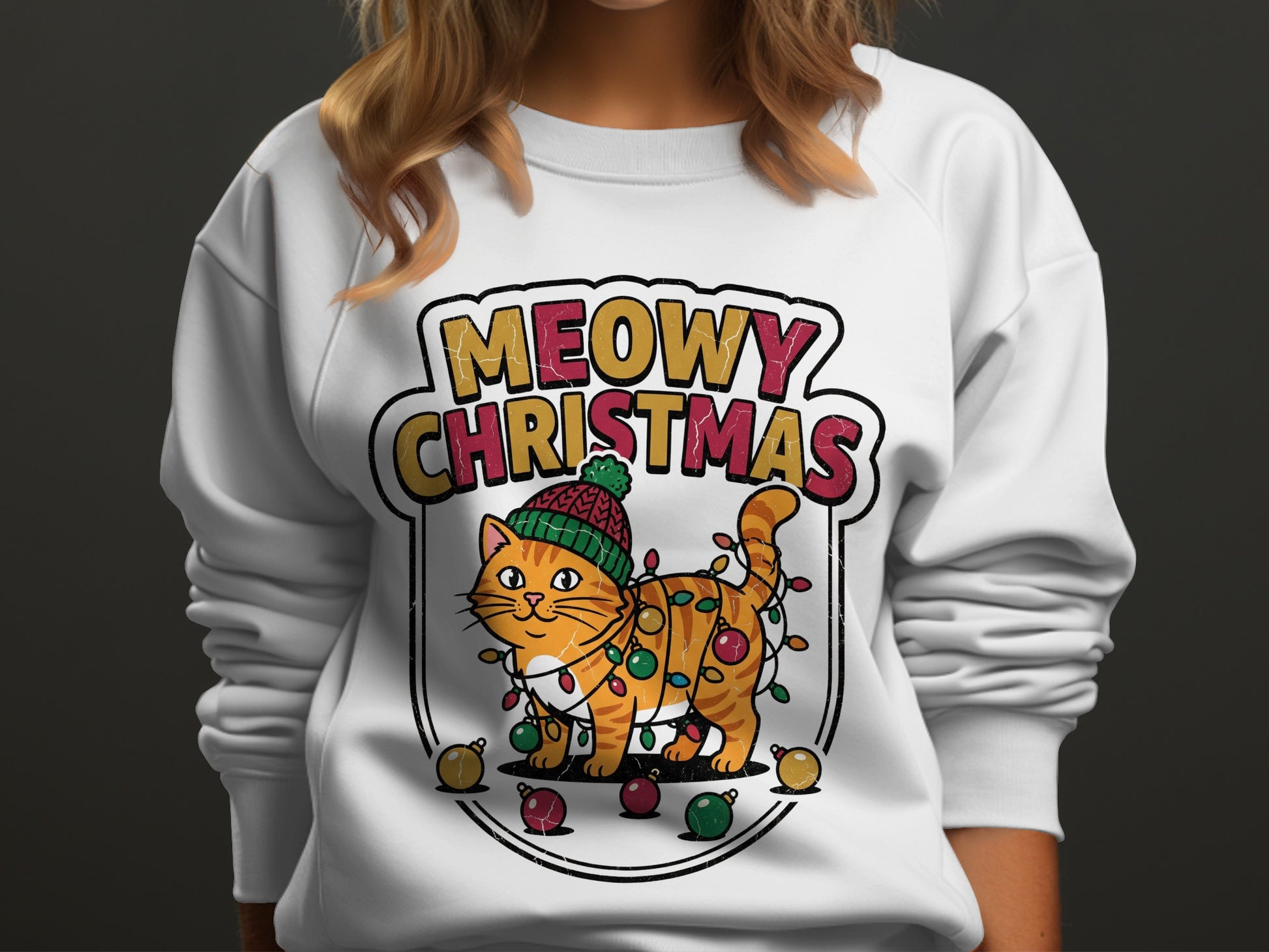 Orange tabby cat wearing a Christmas hat tangled in festive lights and ornaments.