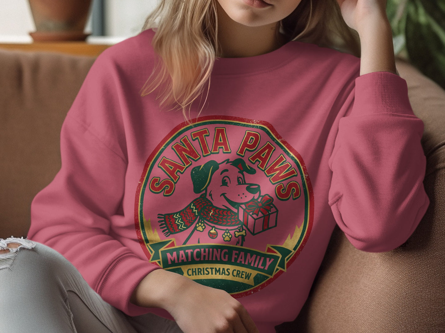 Pink sweatshirt with "Santa Paws Matching Family Christmas Crew" graphic.