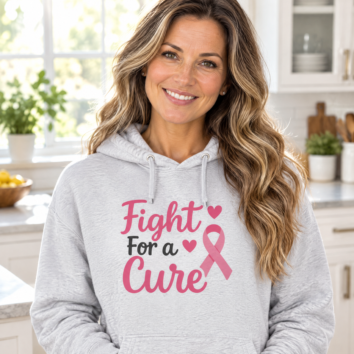 Woman wearing the Fight For a Cure Heart Ribbon breast cancer awareness hoodie