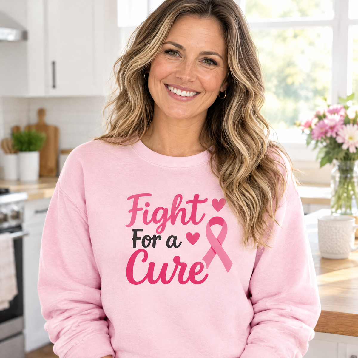 Woman wearing the Fight For a Cure Heart Ribbon breast cancer awareness sweatshirt
