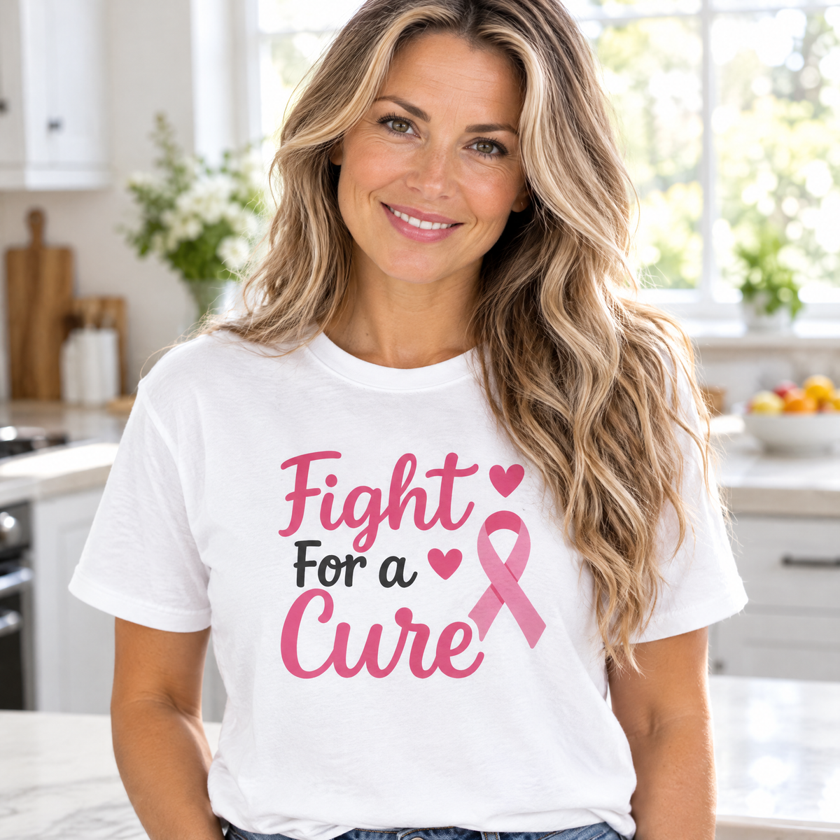 Woman wearing the Fight For a Cure Heart Ribbon breast cancer awareness t-shirt