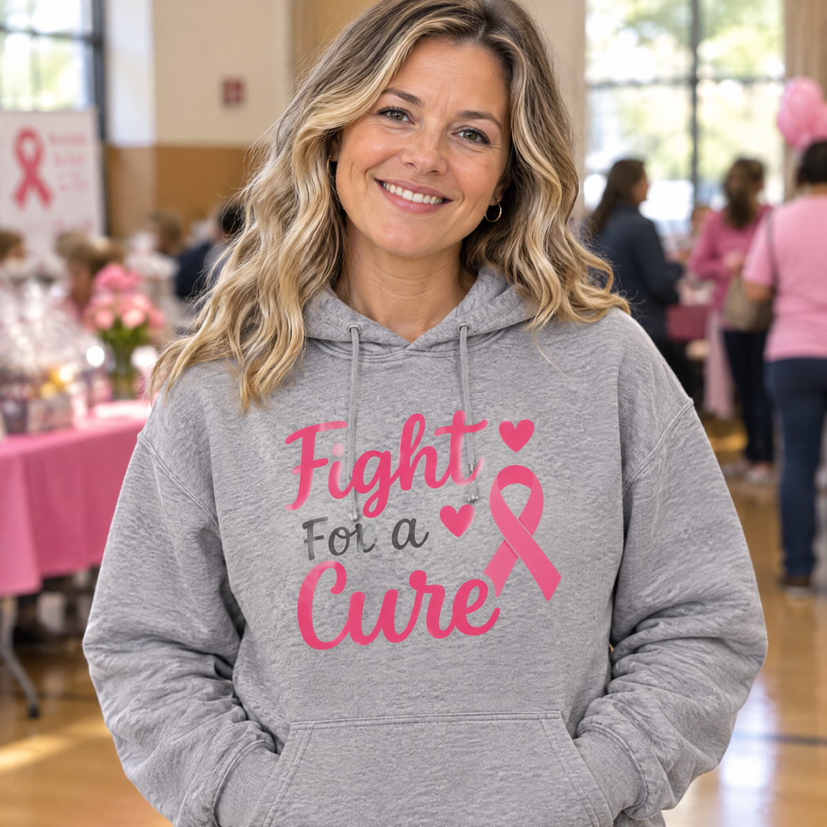 Woman wearing the Fight For a Cure breast cancer awareness hoodie
