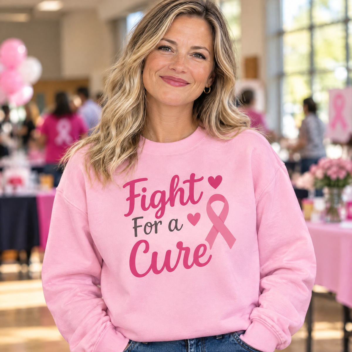 Woman wearing the Fight For a Cure breast cancer awareness sweatshirt