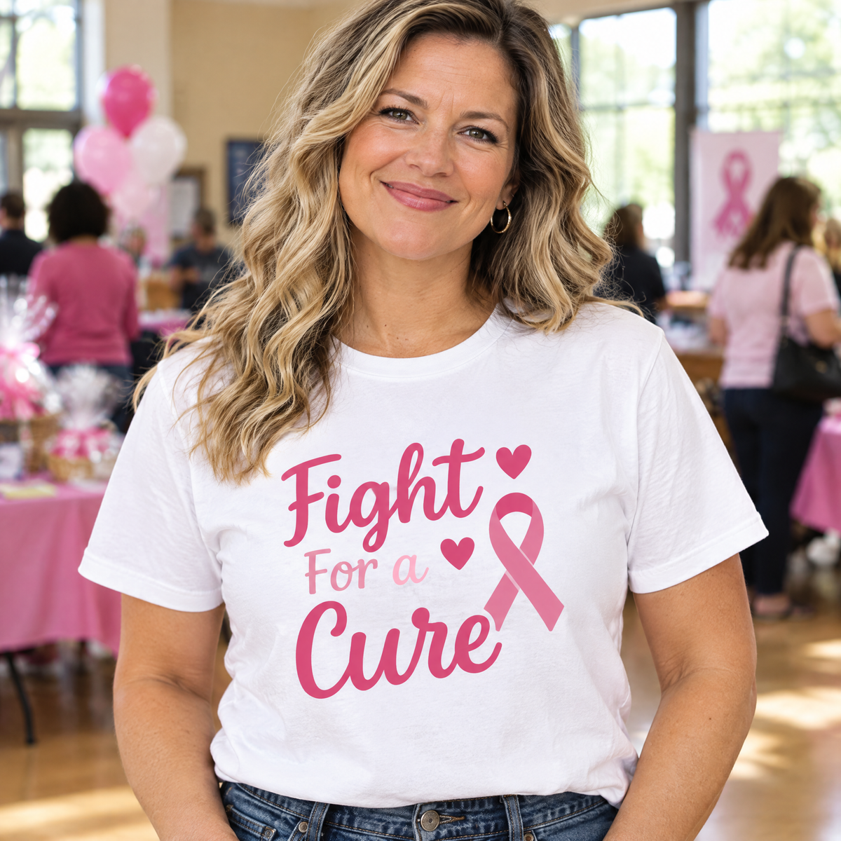 Woman wearing the Fight For a Cure breast cancer awareness t-shirt