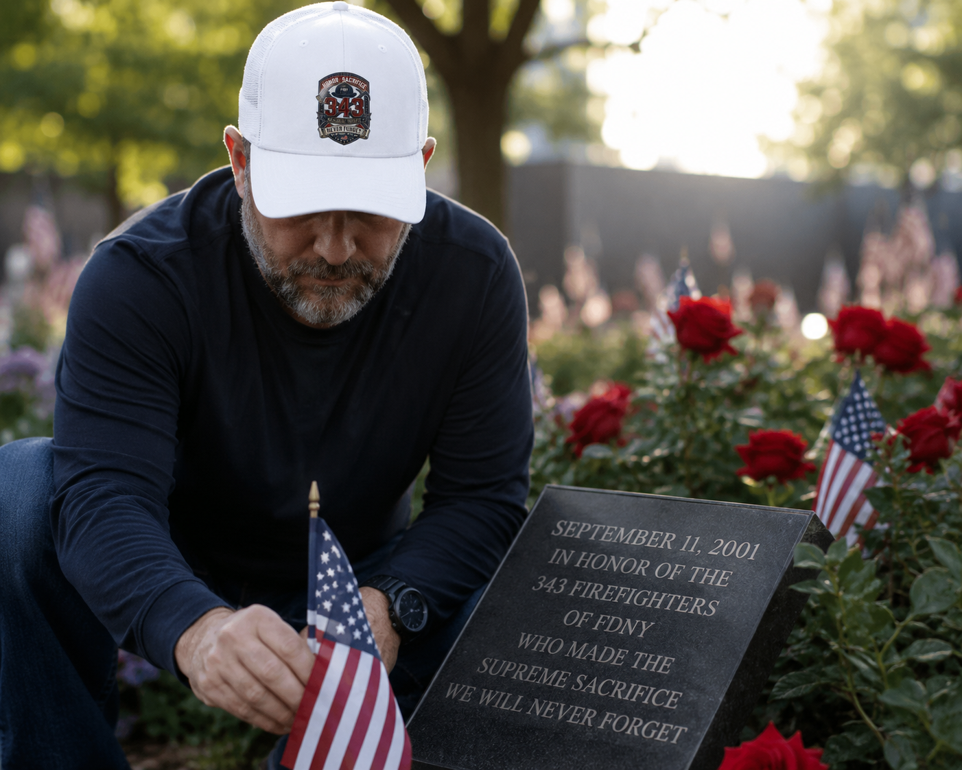 Lifestyle mockup - Honor and Sacrifice 343 Hat at memorial garden