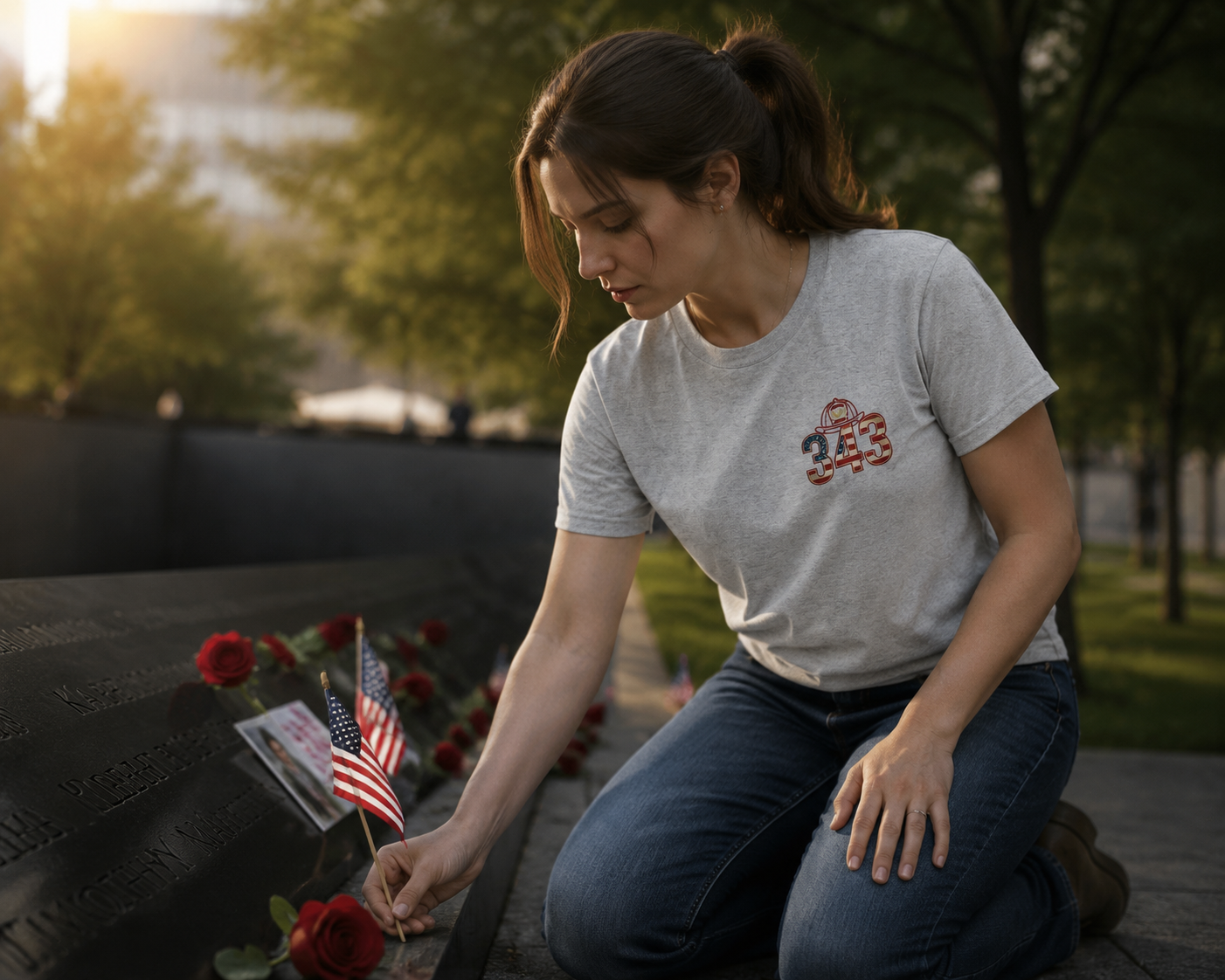 Lifestyle mockup - The 343 Legacy Firefighter Tee at memorial garden