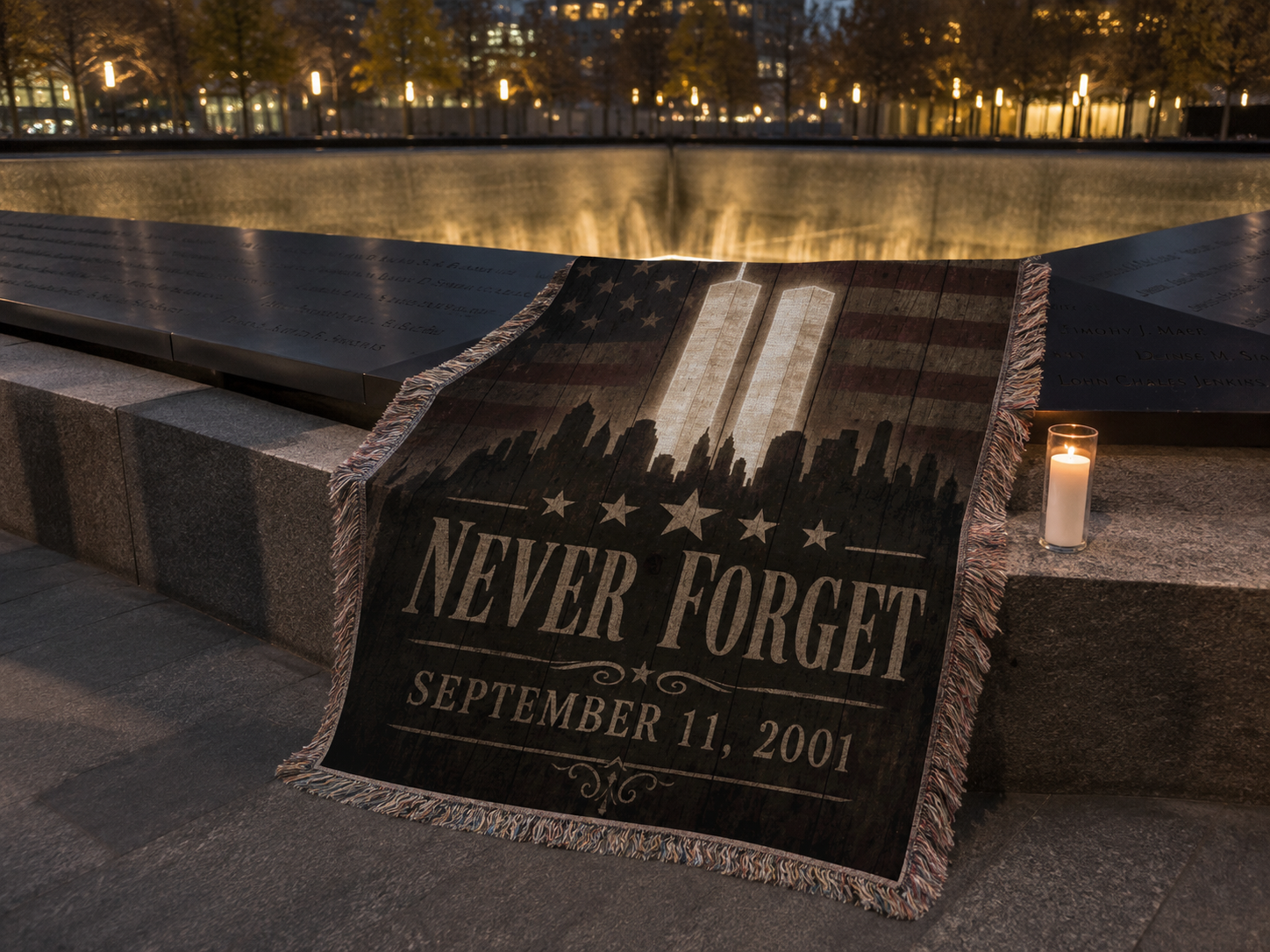 Never Forget 9/11 WTC tribute memorial blanket at the 9/11 memorial reflecting pool