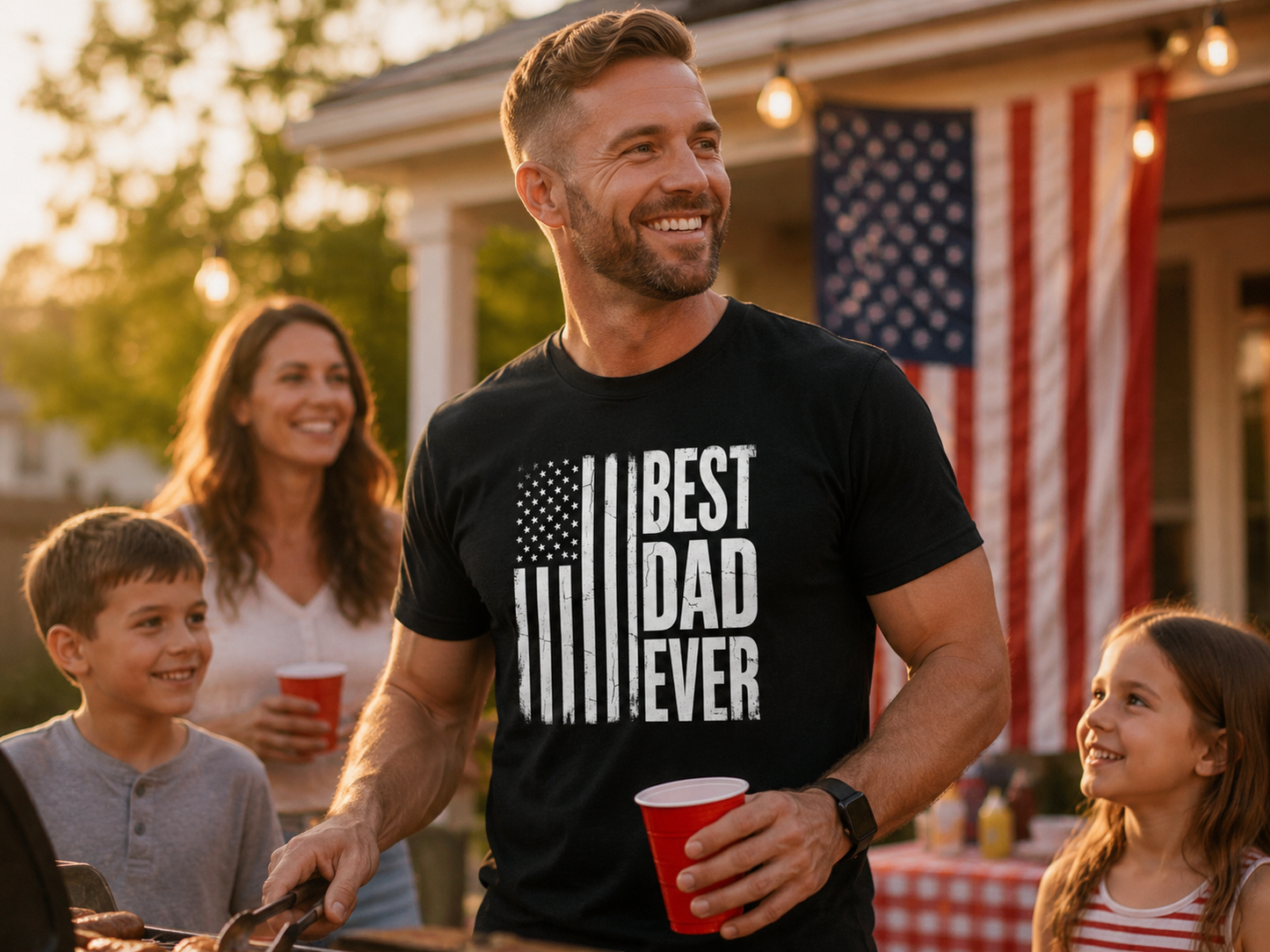 Dad wearing Best Dad Ever Heritage Flag T-Shirt at patriotic backyard gathering lifestyle image