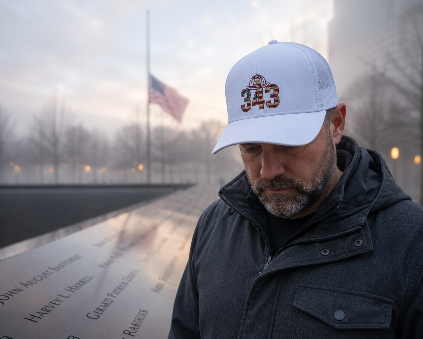 Lifestyle mockup - Vigilant Spirit 343 Tribute Hat at memorial wall